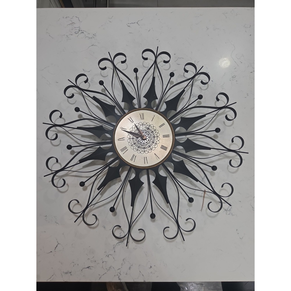 Elgin Mid Century Modern Black Wrought Iron Vintage Starburst Clock (working)